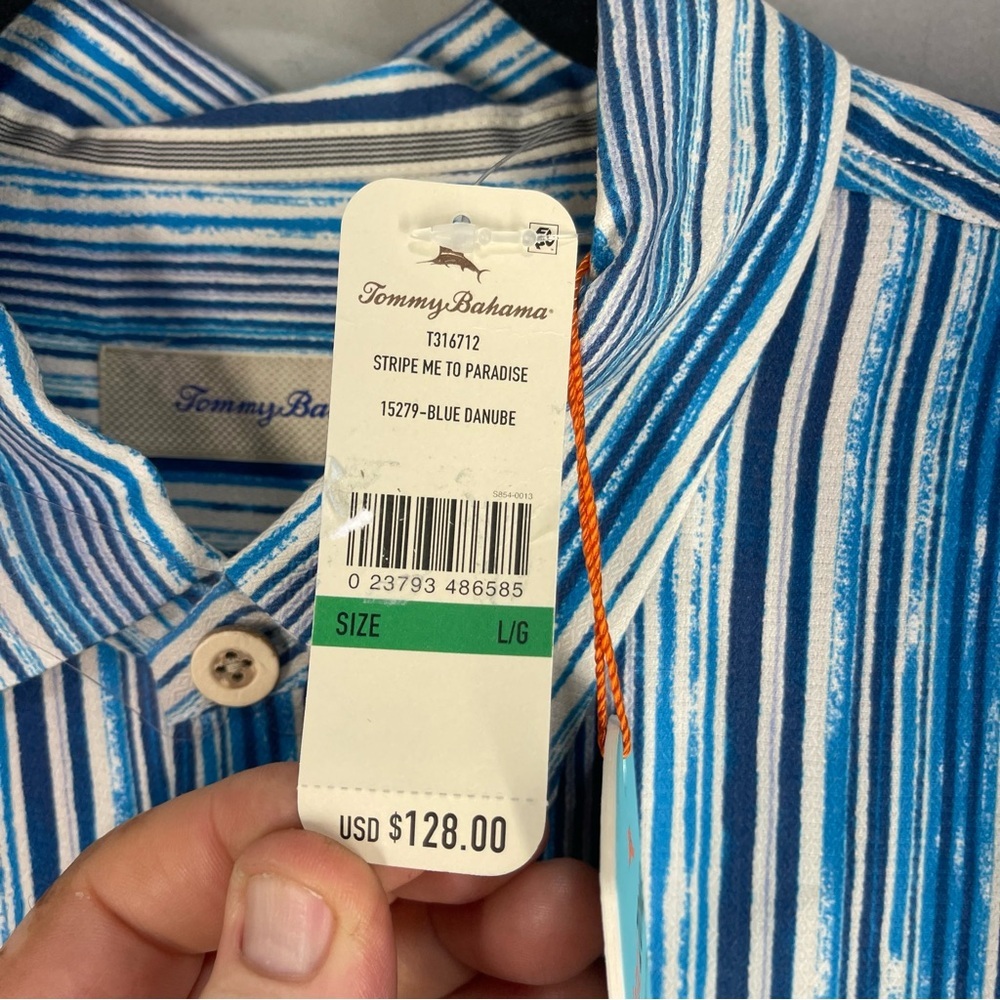 NWT Tommy Bahama men’s Silk shirt short sleeve size large White/blue Color - Picture 8 of 15